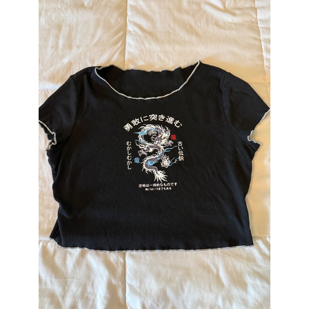 SHEIN Black Ribbed Dragon Graphic Crop Top Lettuce Edge Y2K Baby Tee Large